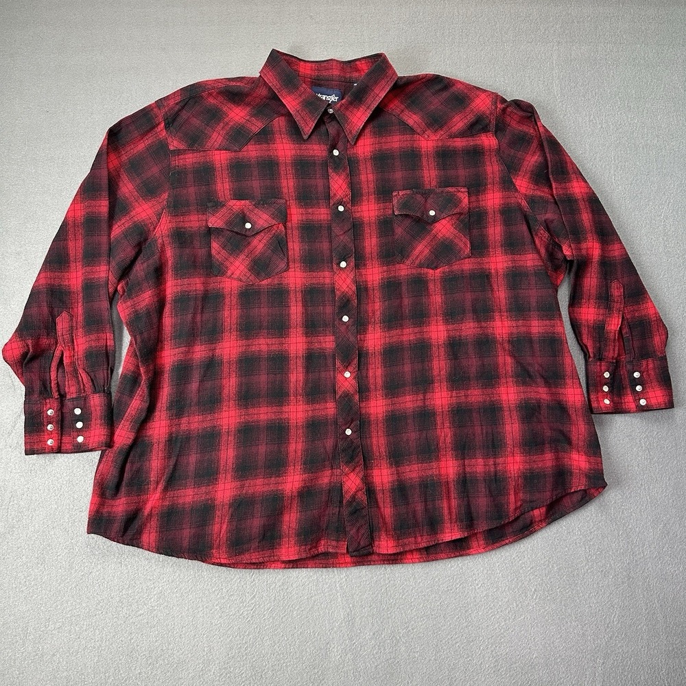 Wrangler Mens 4XL Flannel Shirt Red Plaid Pearl Snap Long Sleeve Western